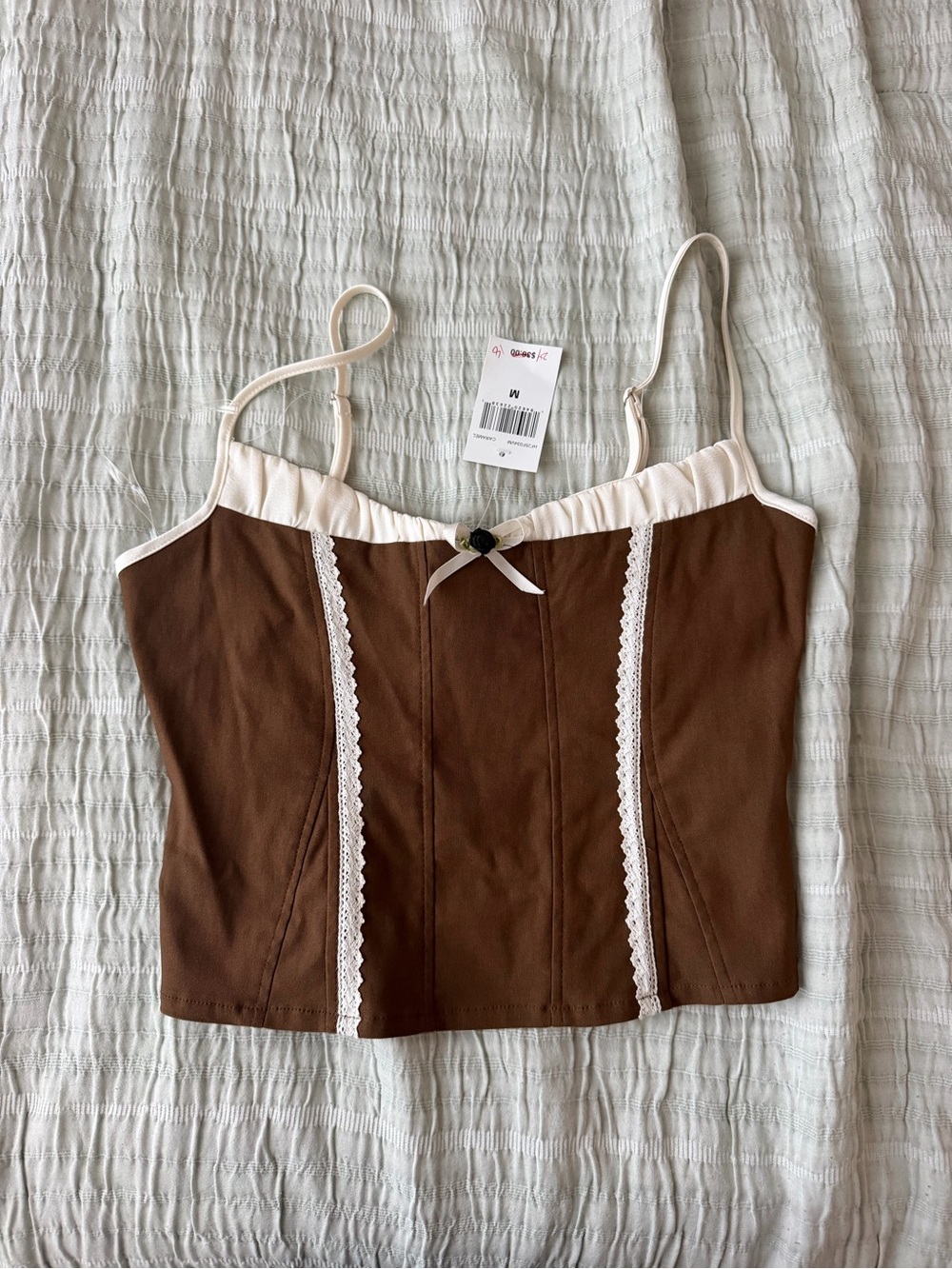 Brown Lace-Trim Bustier Cami Top - Cream Trim